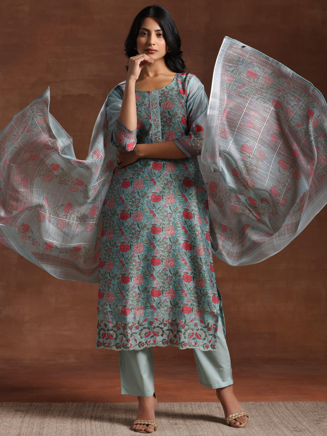 Green Printed Chanderi Silk Straight Suit With Dupatta - Libas