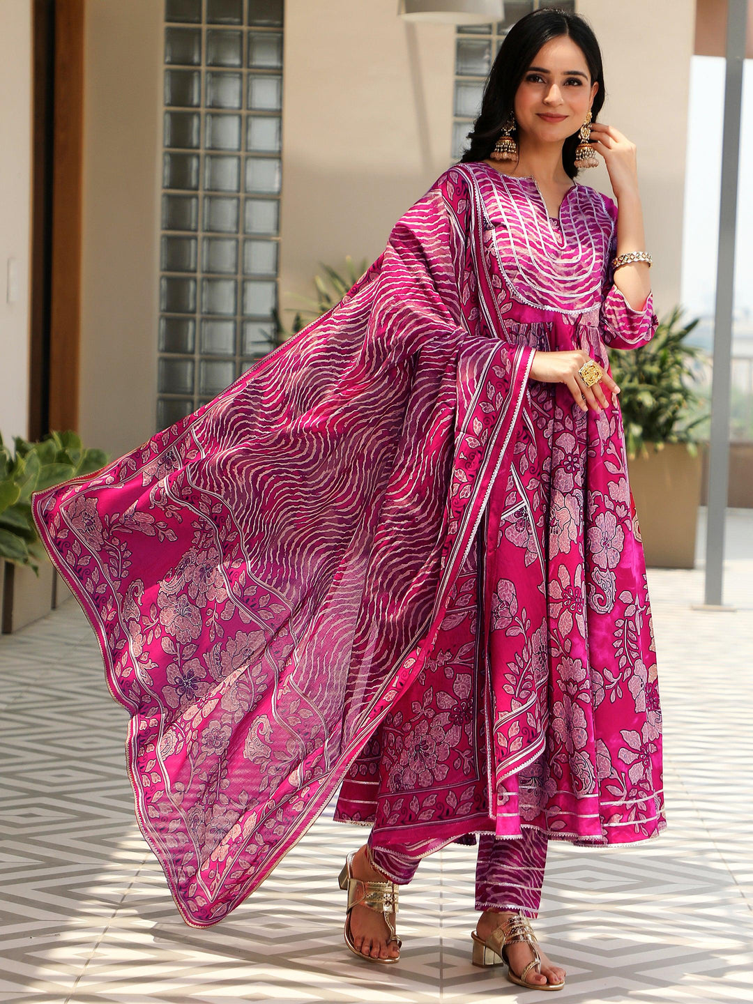 Magenta Printed Cotton Anarkali Suit With Dupatta - Libas 