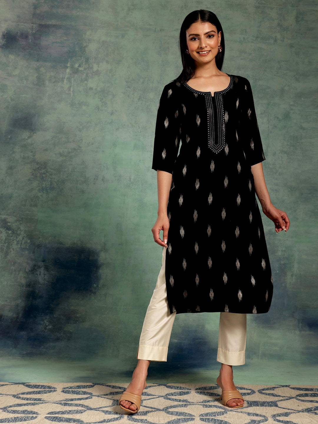 Black Embroidered Rayon Straight Kurta - Libas 