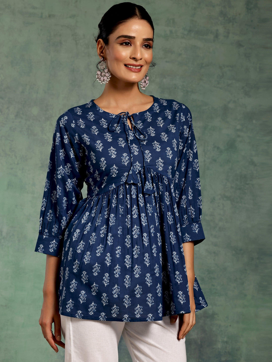 Blue Printed Cotton A-Line Kurti - Libas 