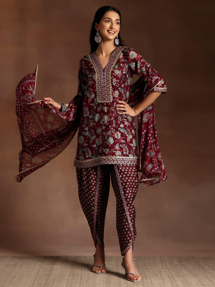 Burgundy Printed Silk Blend Straight Suit With Dupatta - Libas