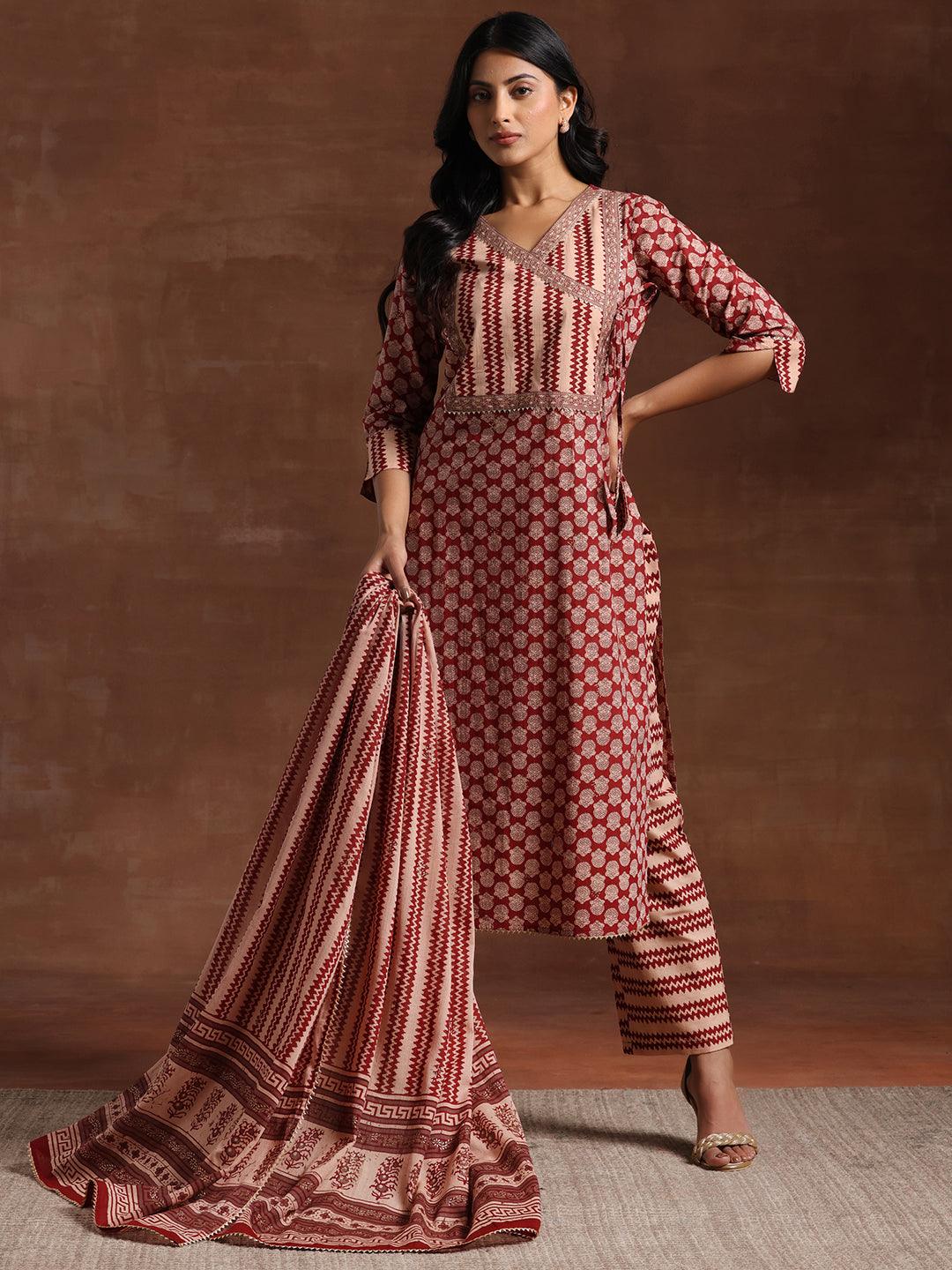 Maroon Printed Cotton Straight Suit With Dupatta - Libas