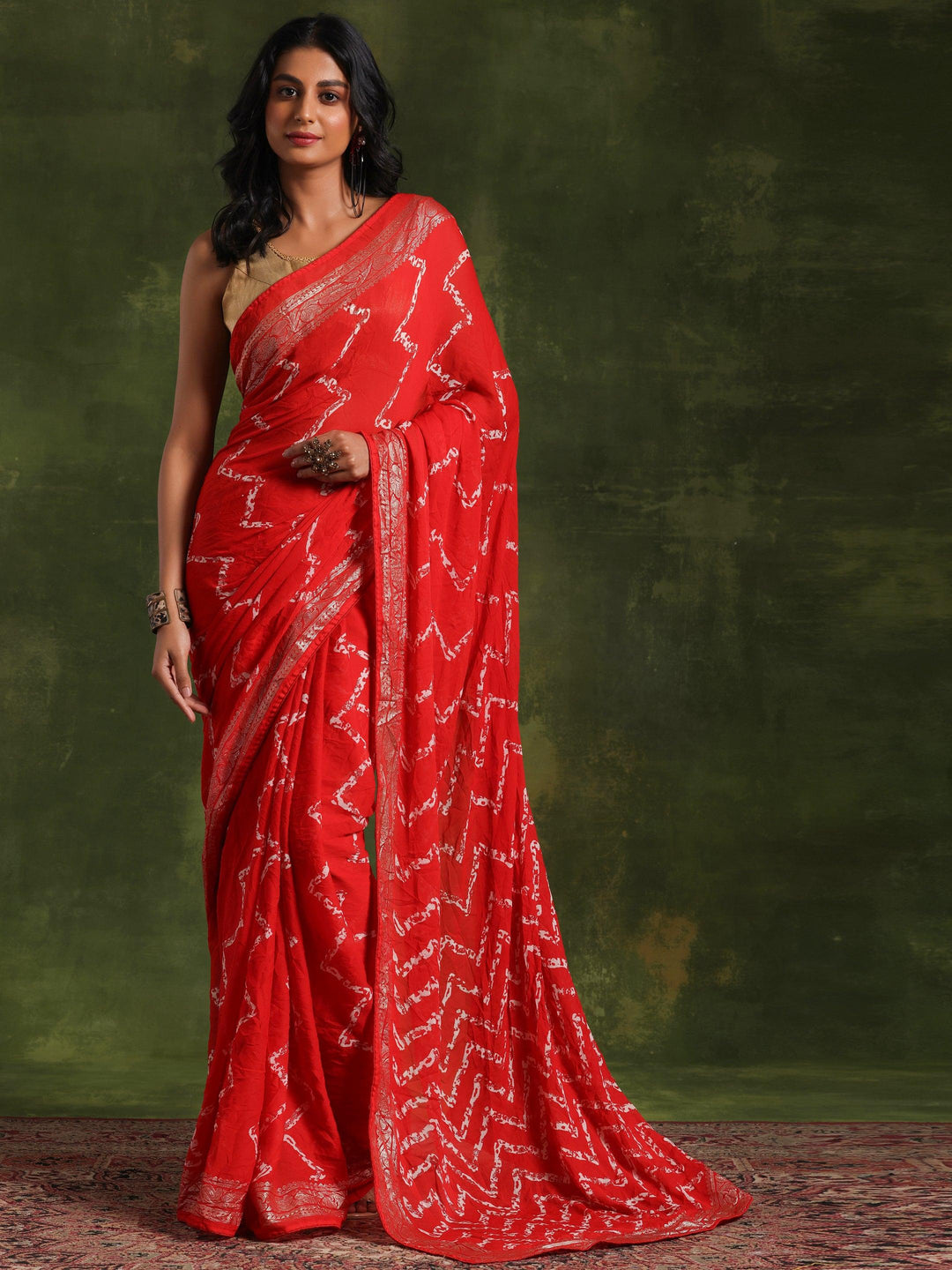 Red Printed Poly Georgette Saree With Unstitched Blouse Piece - Libas