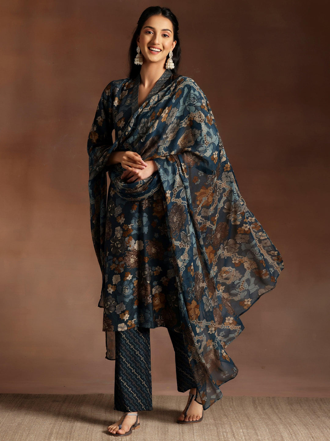 Blue Printed Silk Blend Straight Suit With Dupatta - Libas 