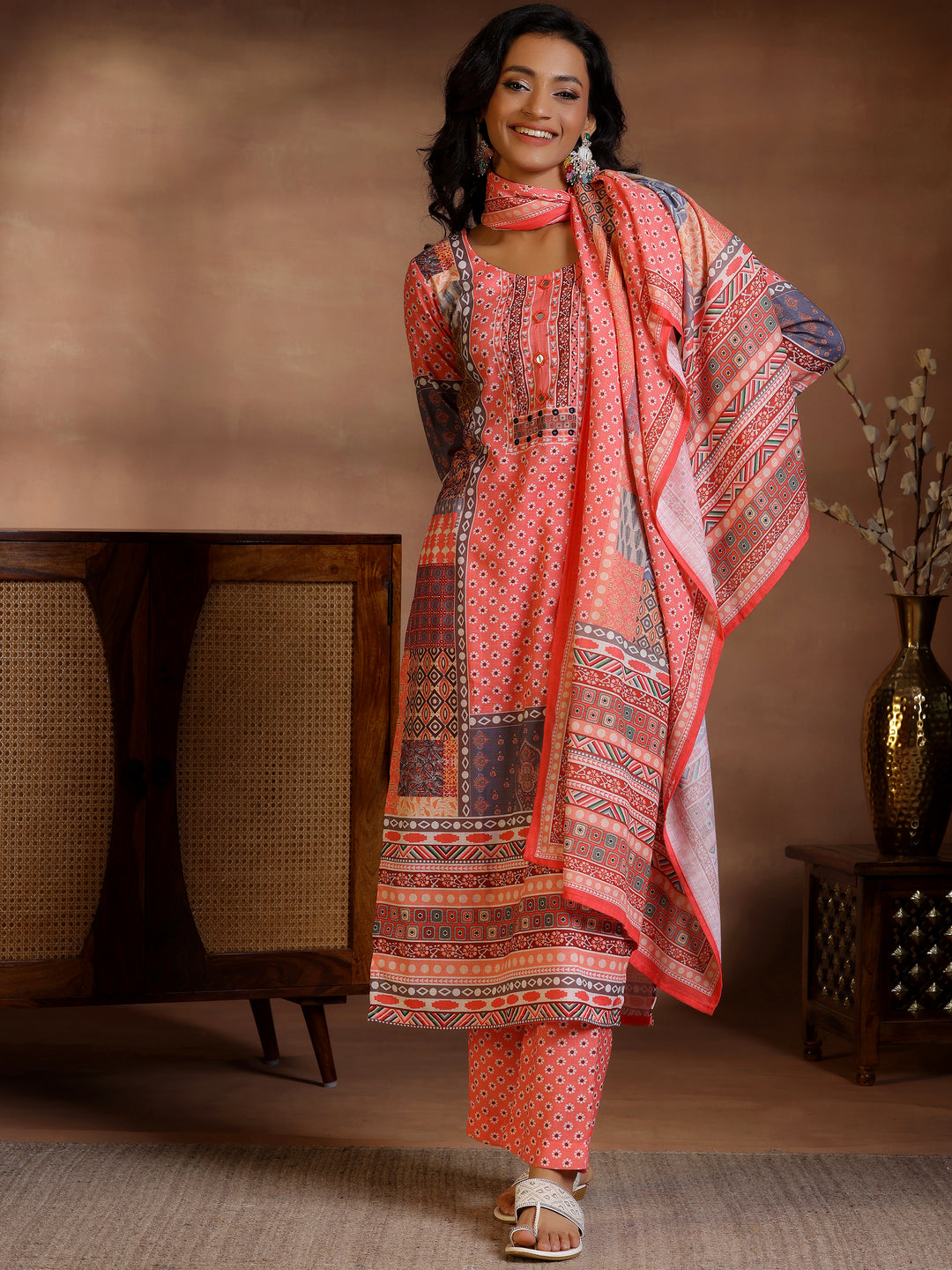  Multi Printed Linen Straight Suit With Dupatta 