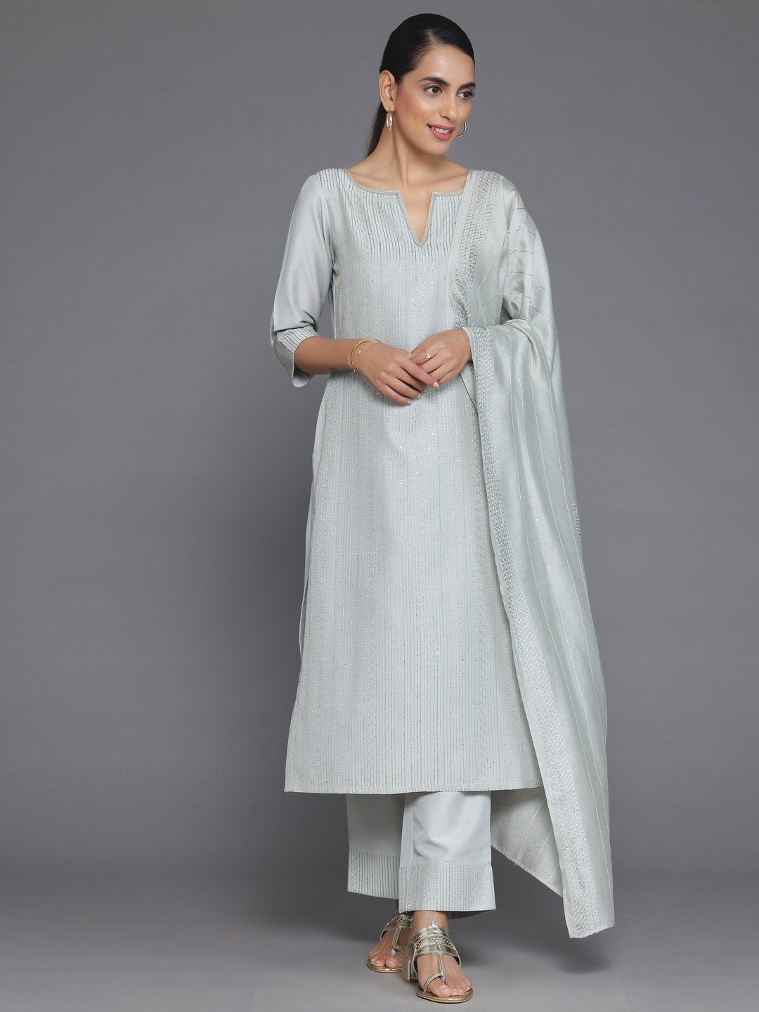 Grey Self Design Silk Blend Straight Suit With Dupatta - Libas