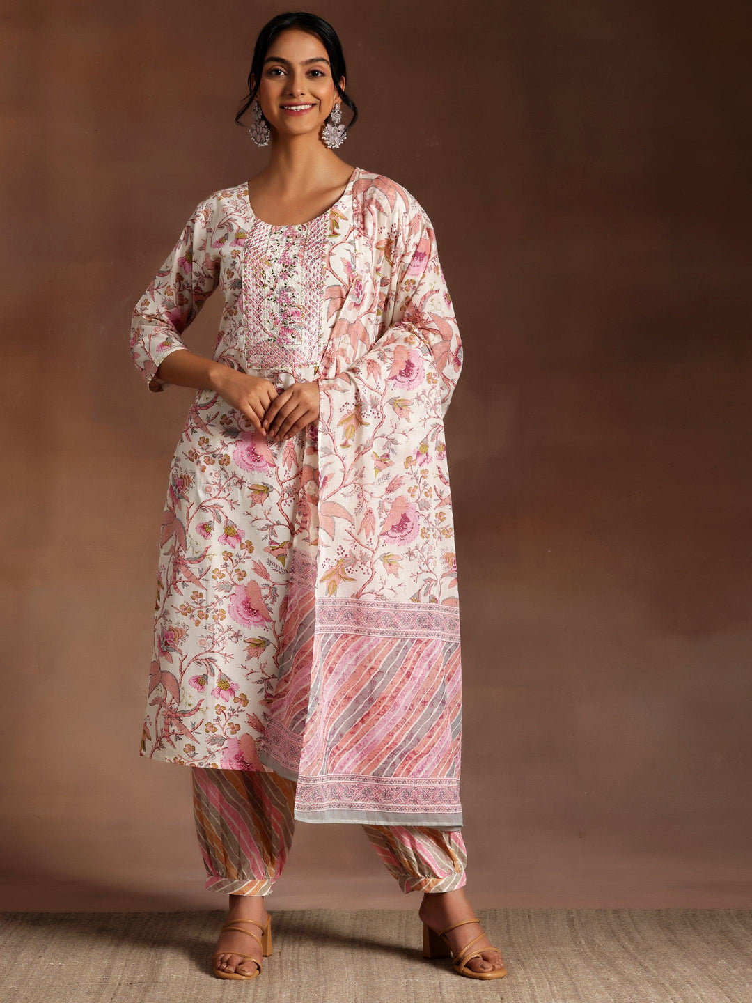 Pink Printed Cotton Straight Suit With Dupatta - Libas 