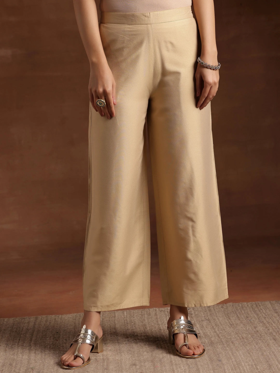  Beige Solid Silk Palazzos 