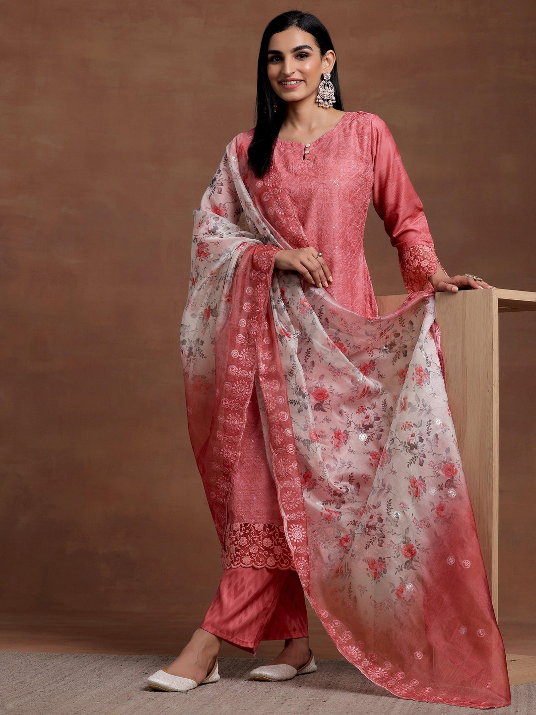 Peach Embroidered Silk Blend Straight Suit With Dupatta - Libas