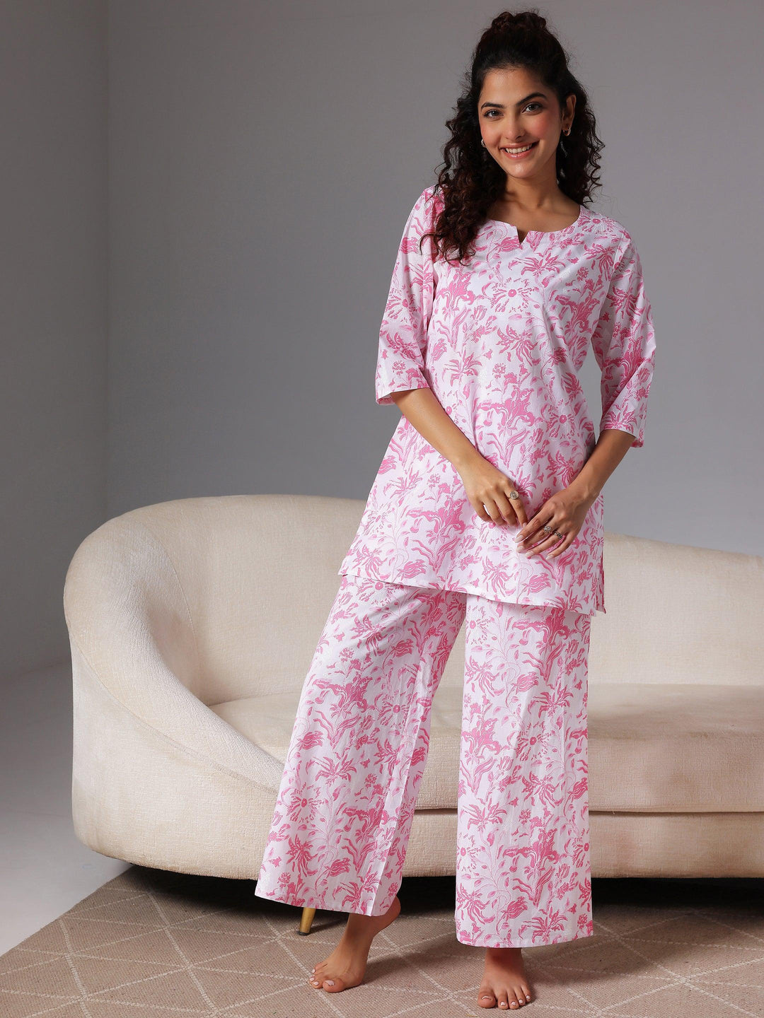 Pink Printed Cotton Night Suits - Libas