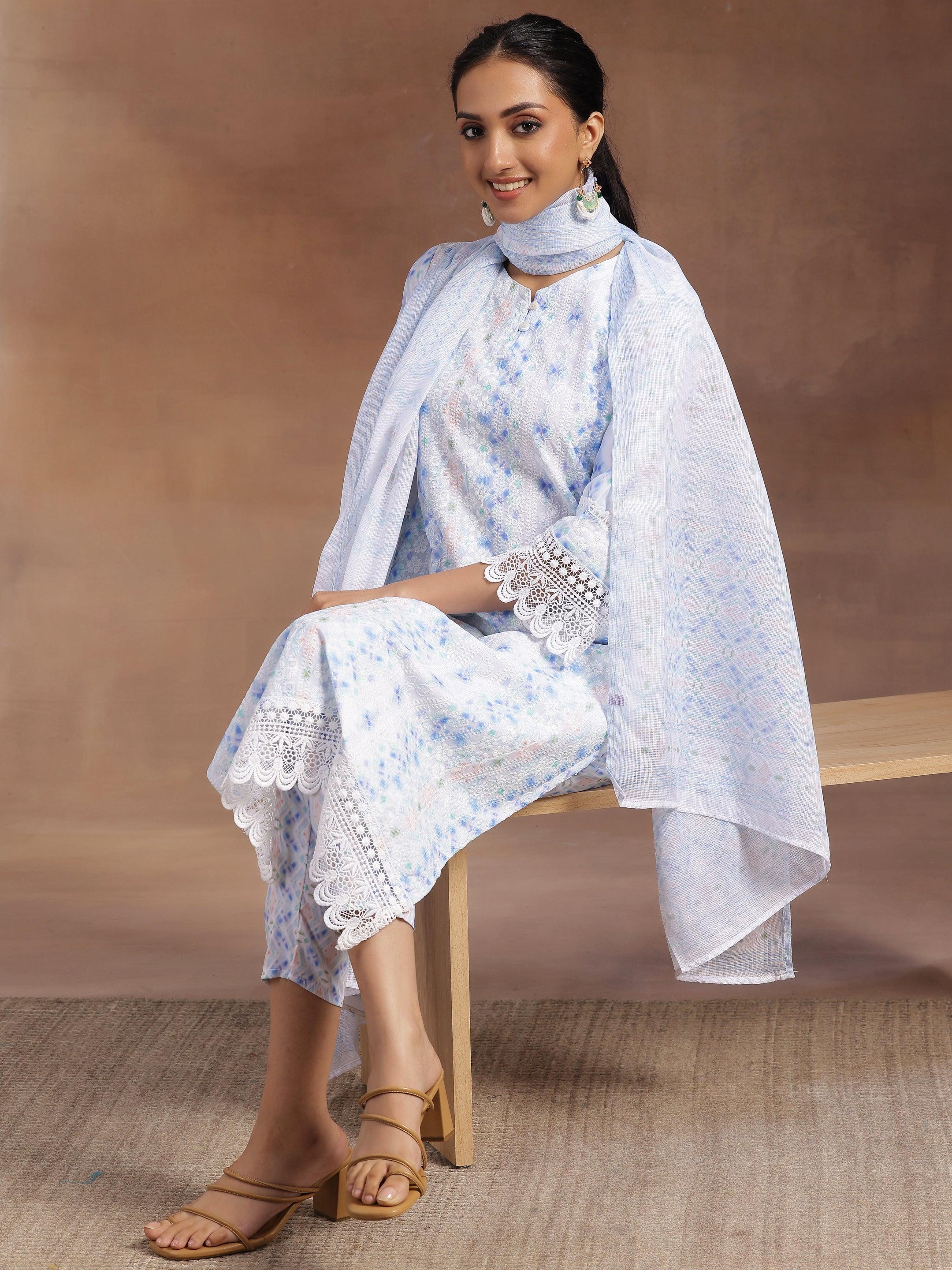 Sky Blue Embroidered Cotton Blend Straight Suit With Dupatta