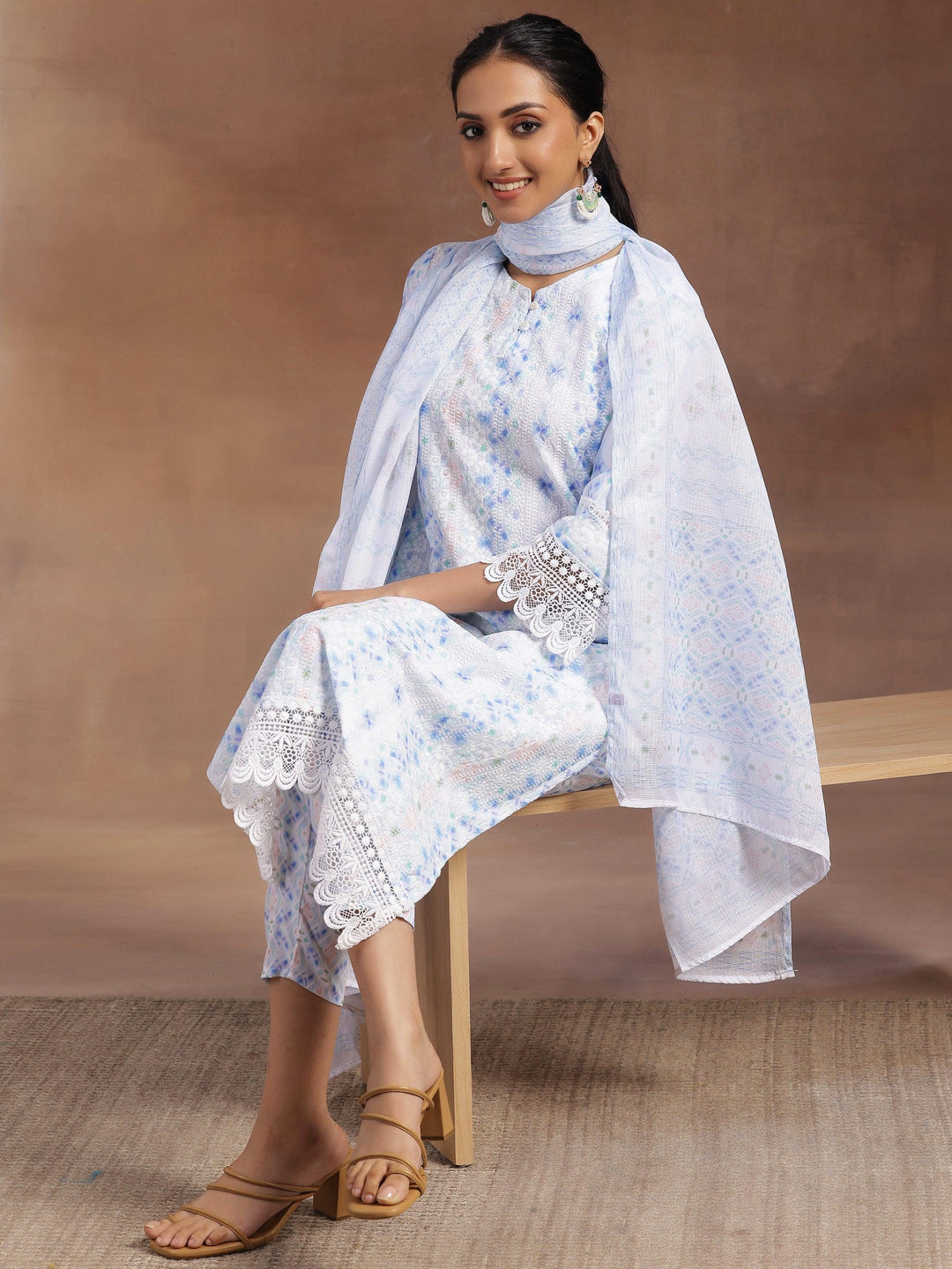 Sky Blue Embroidered Cotton Blend Straight Suit With Dupatta - Libas