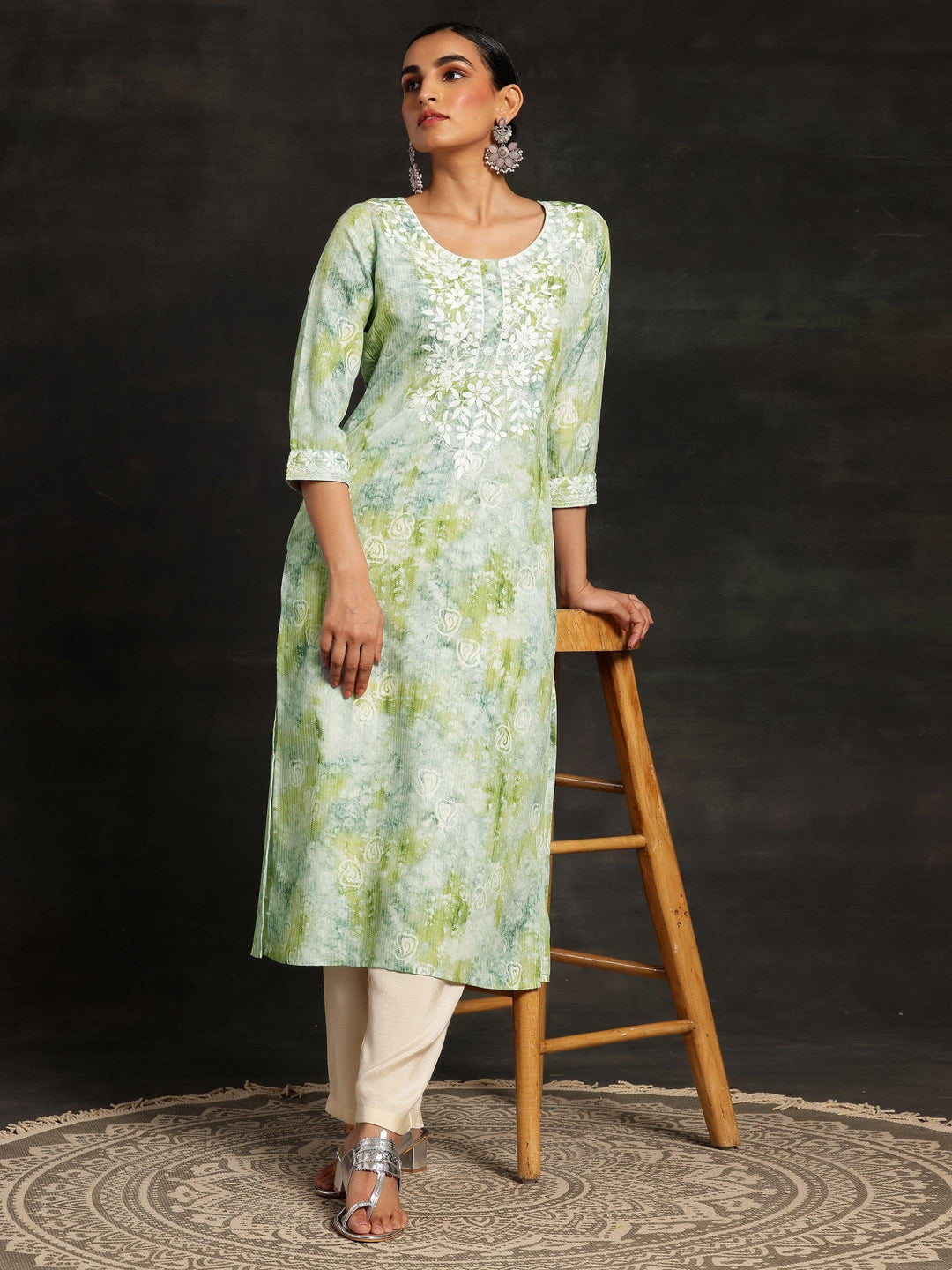 Green Printed Cotton Straight Kurta - Libas 