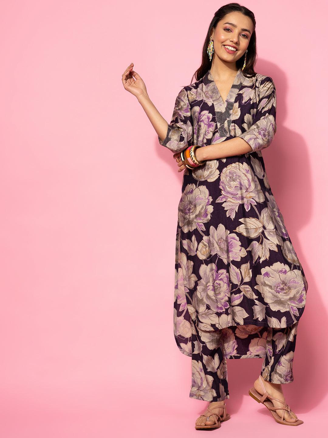 Purple Printed Silk Blend Co-Ords - Libas 