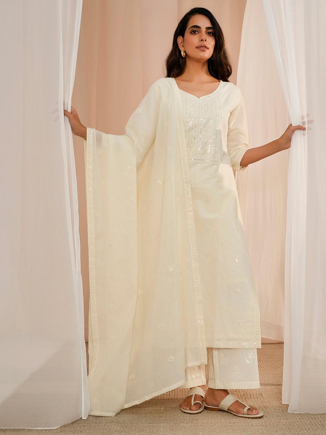 Off White Embroidered Cotton Straight Suit With Dupatta - Libas 