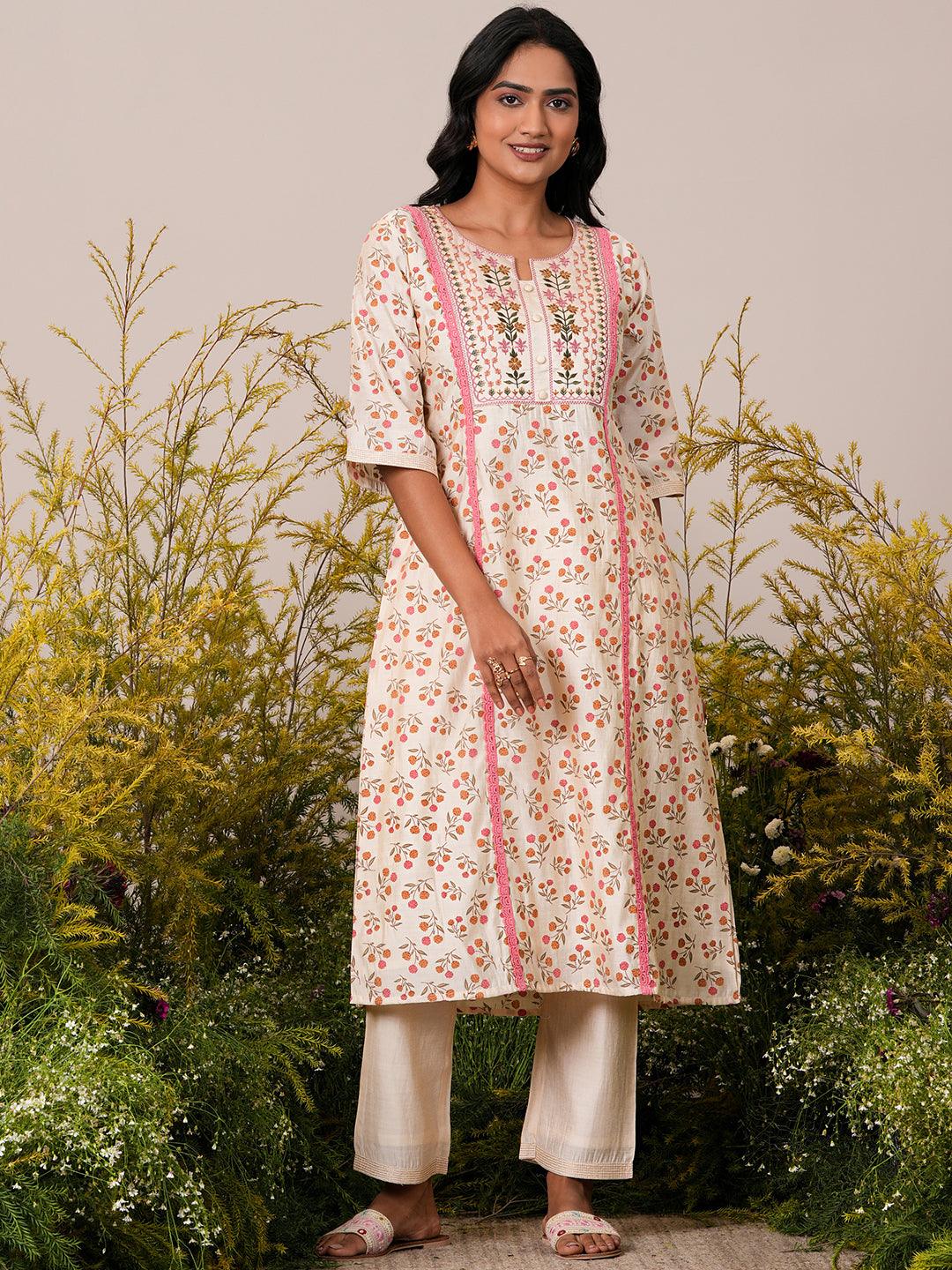 Beige Printed Chanderi Silk A-Line Kurta With Palazzos - Libas 