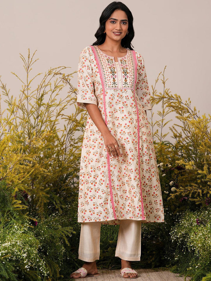 Beige Printed Chanderi Silk A-Line Kurta With Palazzos - Libas