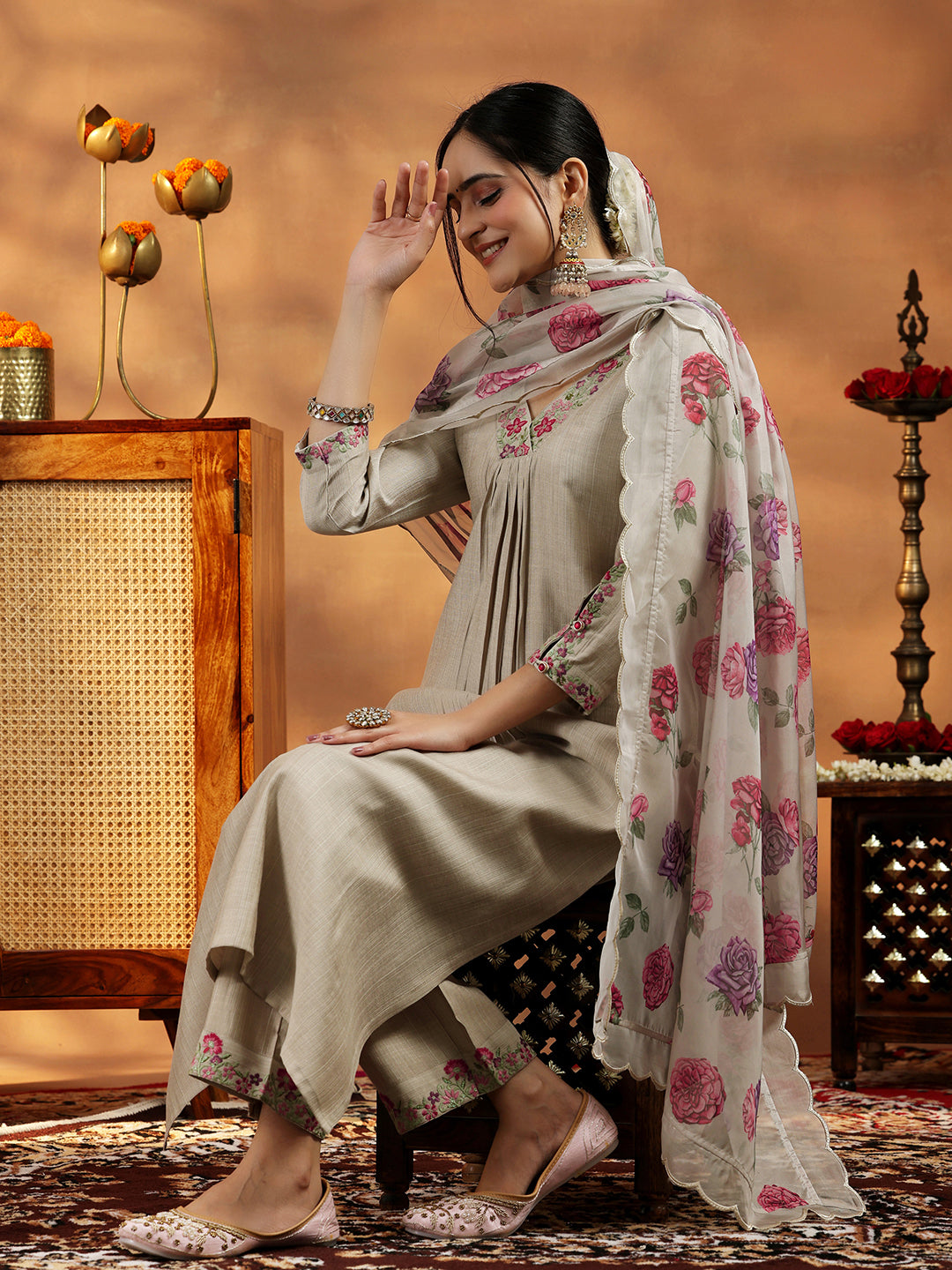 Beige Yoke Design Silk Blend Straight Suit With Dupatta