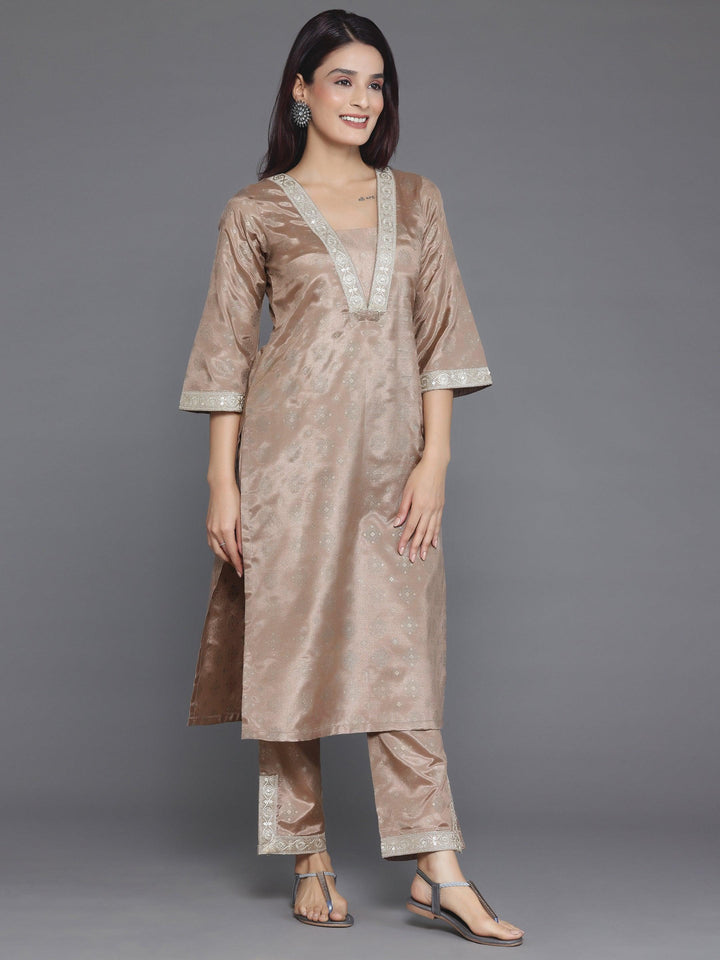 Brown Woven Design Silk Blend Straight Kurta Set - Libas