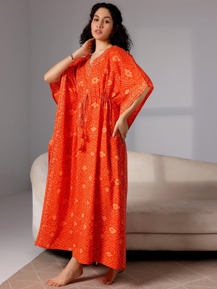 Orange Printed Cotton Kaftan Night Dress - Libas