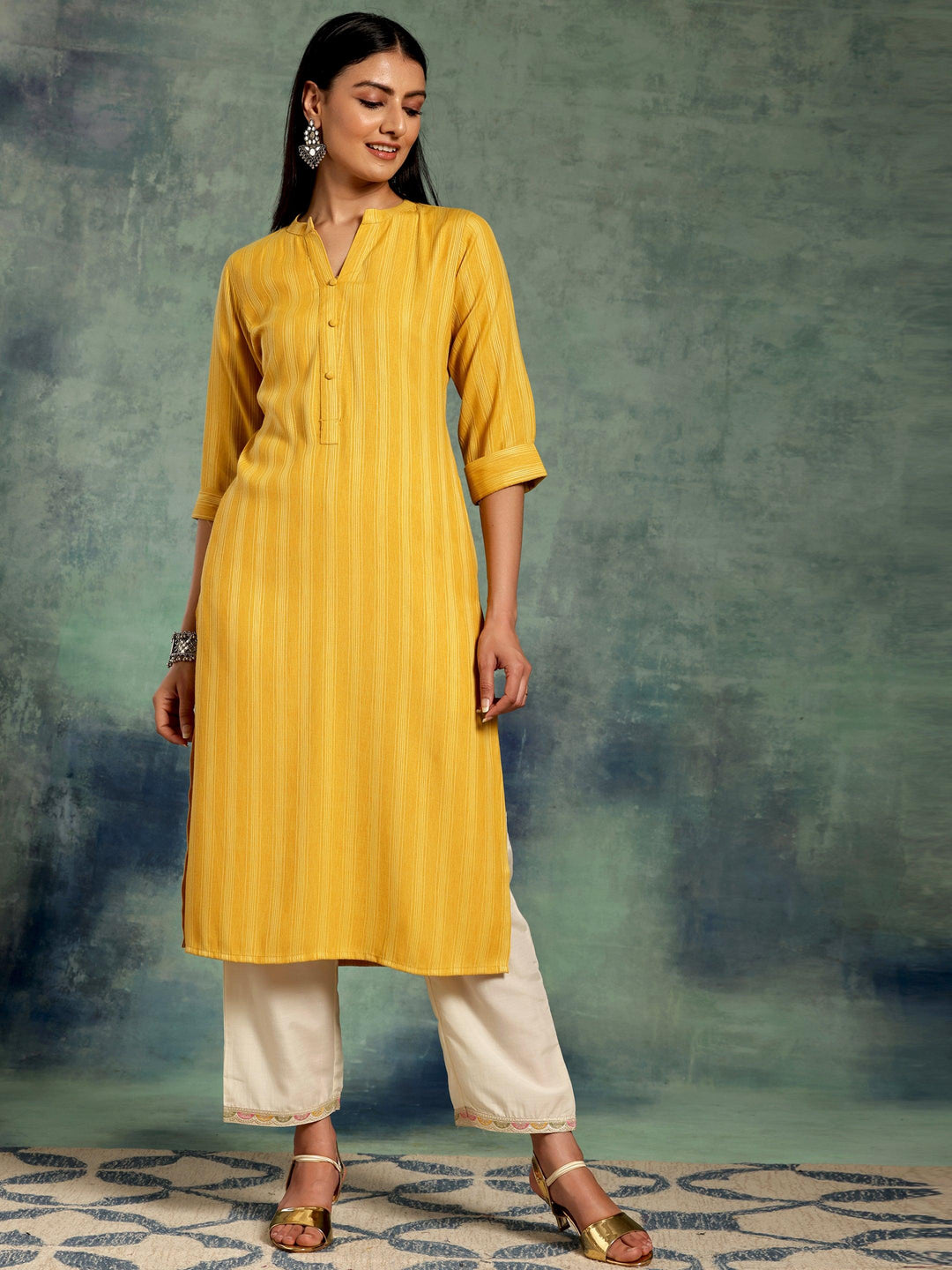 Yellow Woven Design Rayon Straight Kurta - Libas 