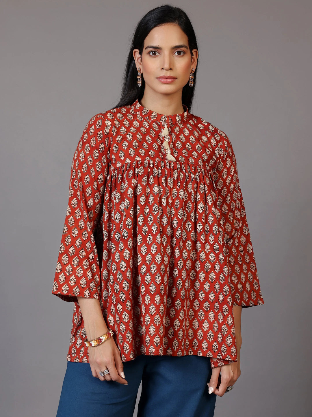  Rust Printed Cotton A-Line Kurti 