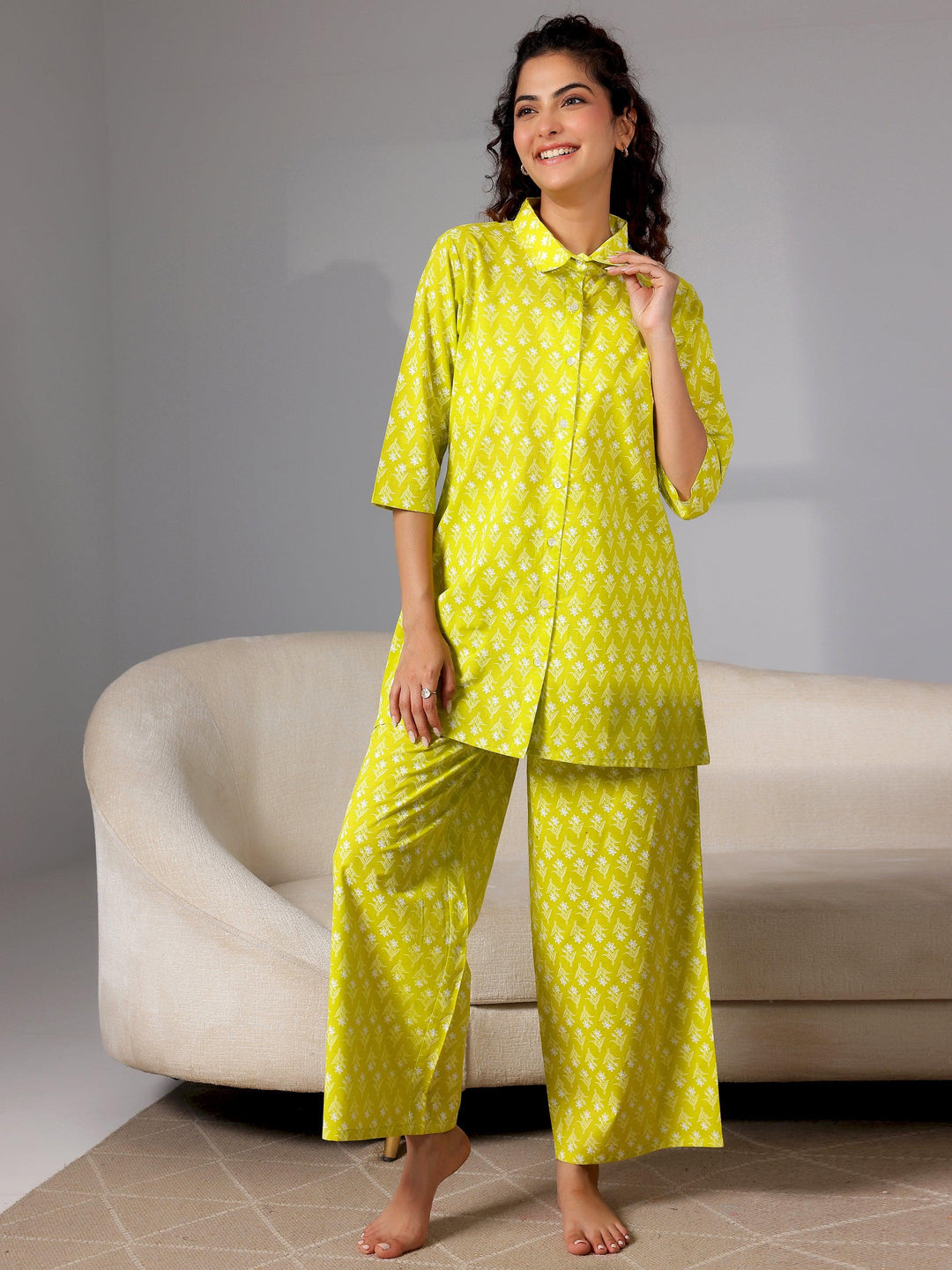 Green Printed Cotton Night Suits - Libas 