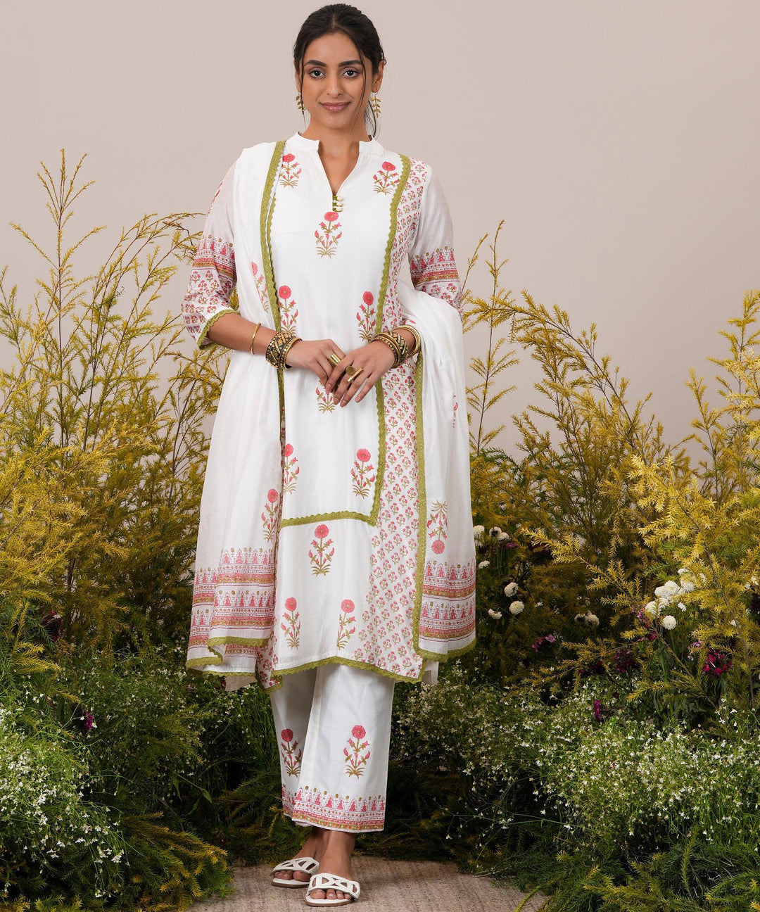 White Printed Chanderi Silk Straight Suit With Dupatta - Libas 