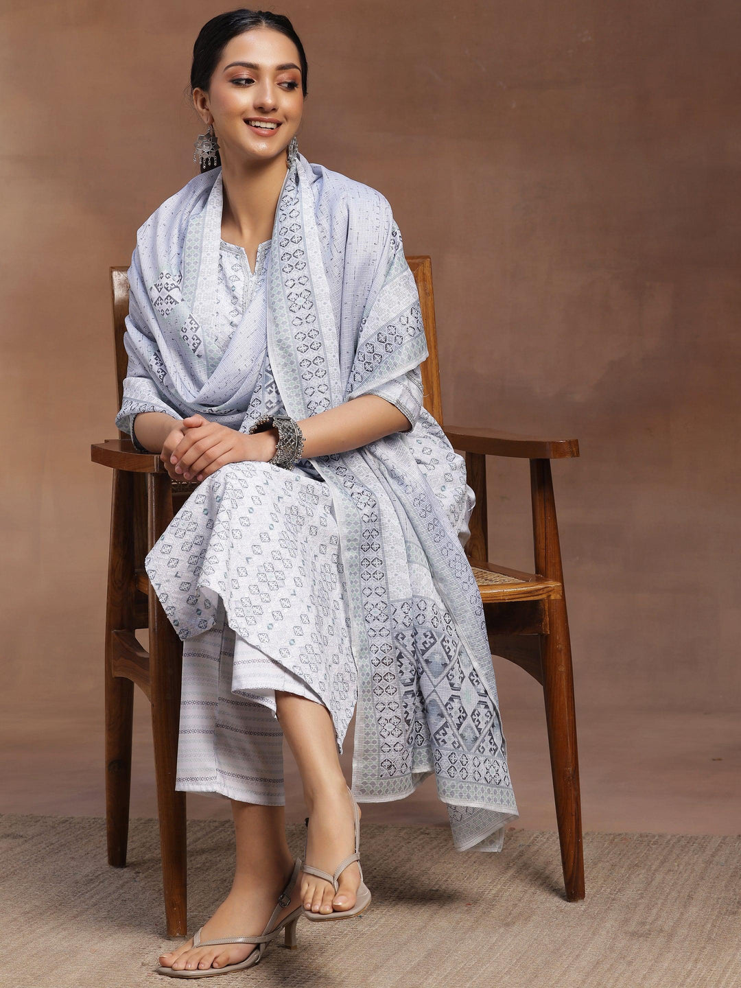 Grey Embroidered Cotton Blend Straight Suit With Dupatta - Libas 