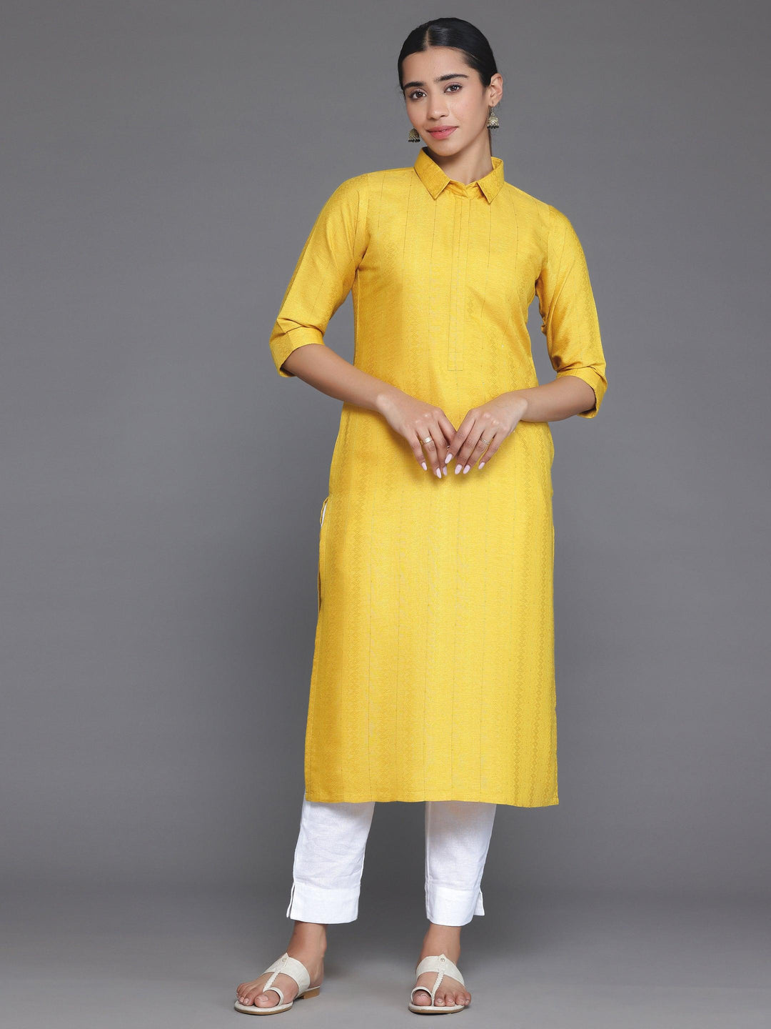 Yellow Woven Design Cotton Straight Kurta - Libas 