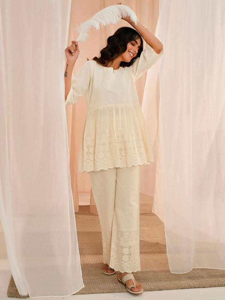 Off White Self Design Cotton Tunic With Palazzos - Libas