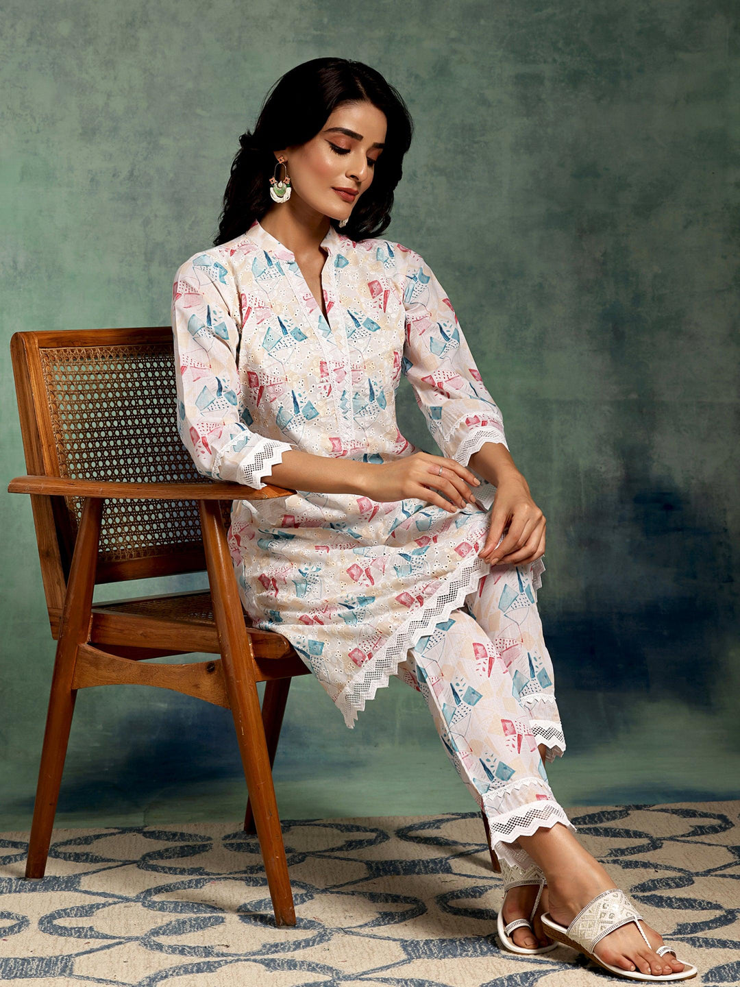 Cream Printed Cotton A-Line Kurta With Trousers - Libas