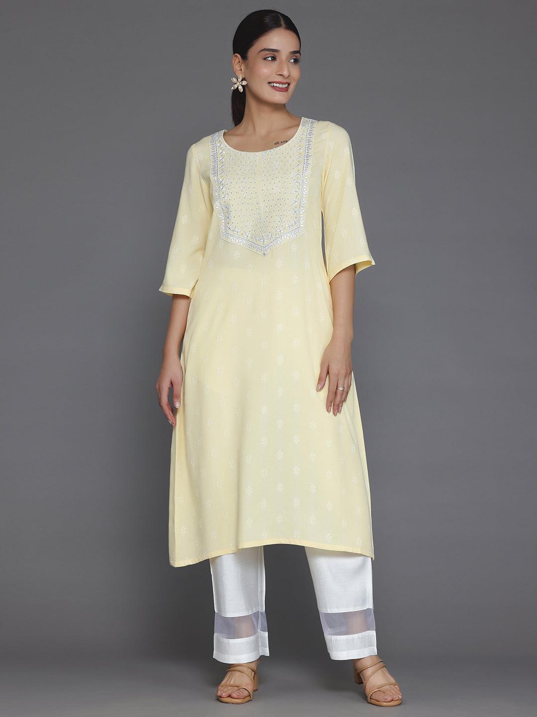 Yellow Woven Design Rayon Straight Kurta - Libas