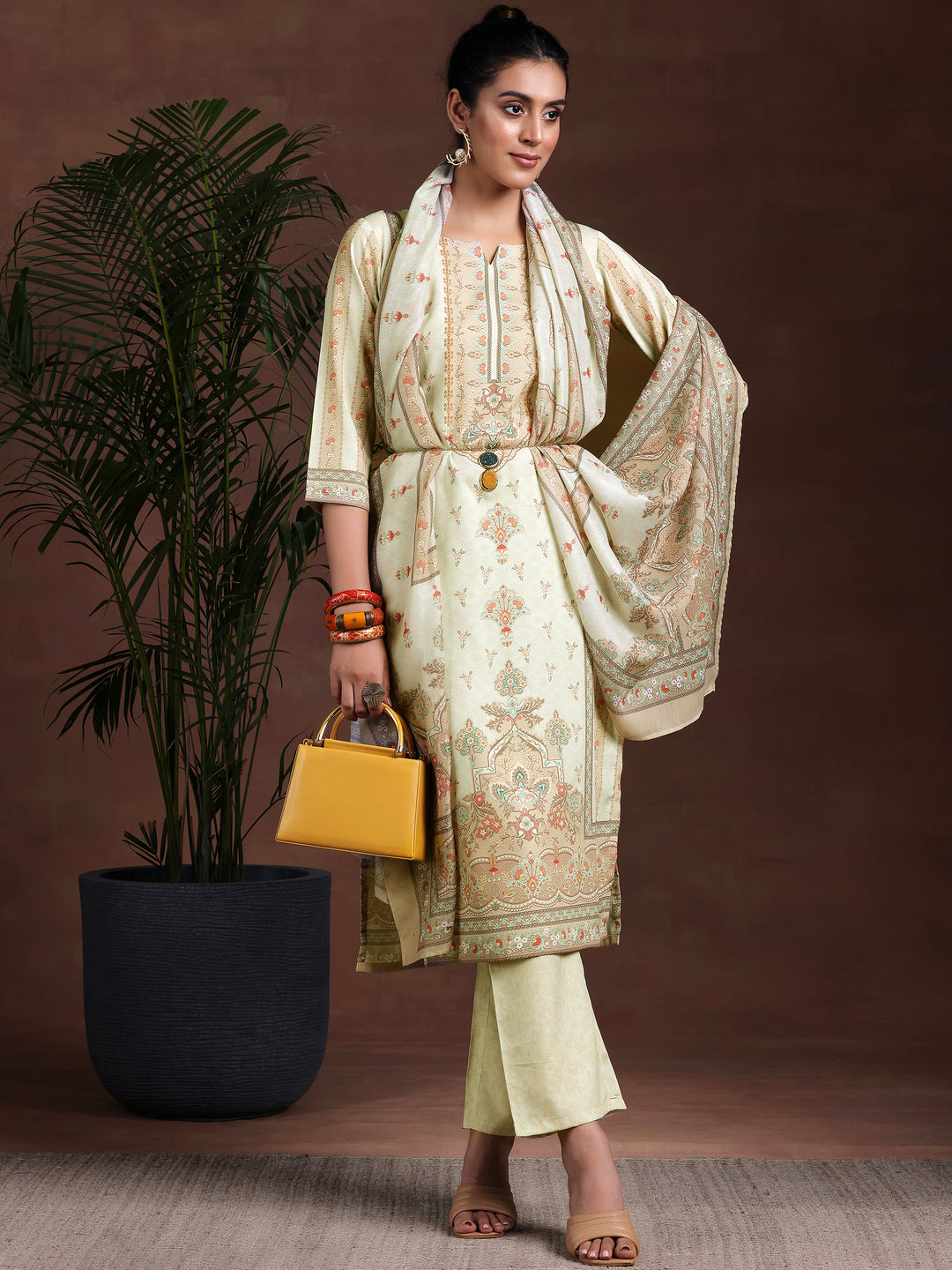  Beige Printed Poly Crepe Straight Suit With Dupatta 