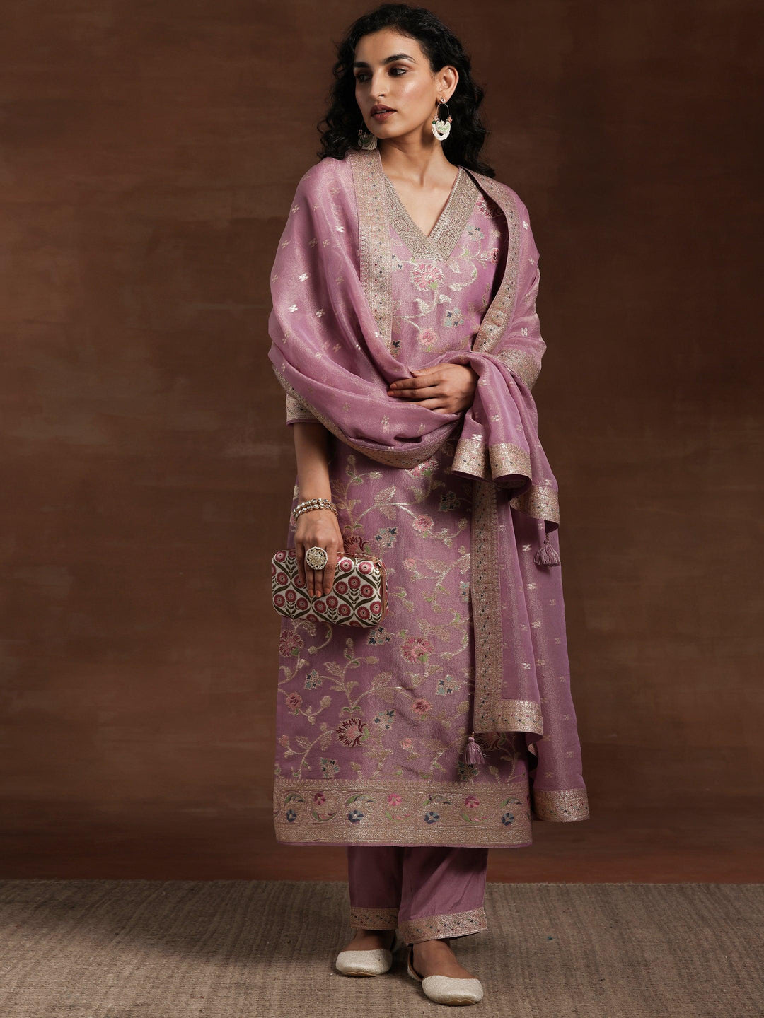 Mauve Woven Design Silk Blend Straight Kurta With Trousers & Dupatta - Libas 