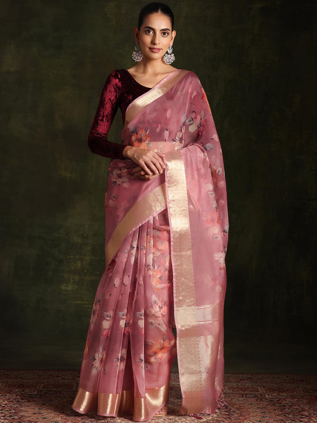 Mauve Printed Organza Saree With Unstitched Blouse Piece - Libas