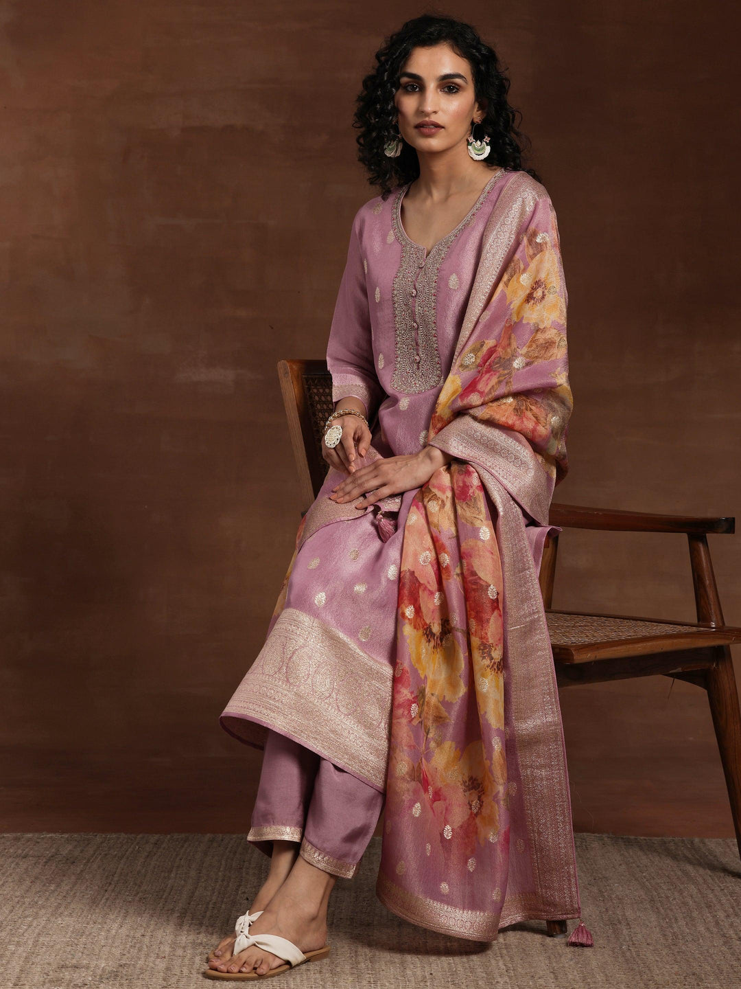 Mauve Woven Design Silk Blend Straight Kurta With Palazzos & Dupatta - Libas 