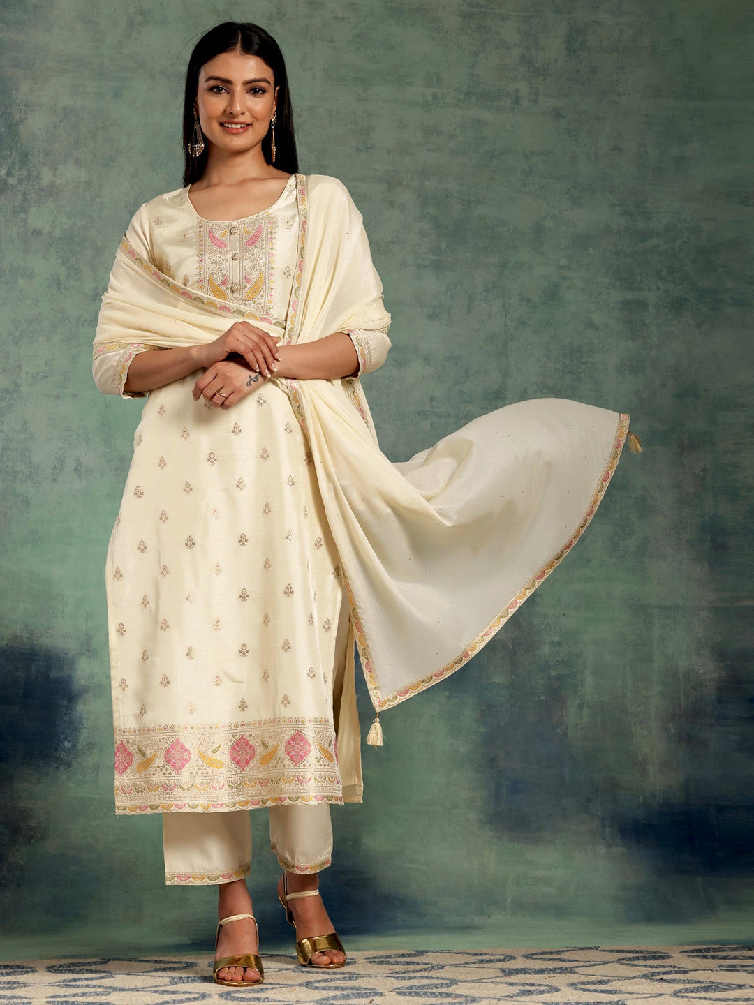 Off White Woven Design Silk Blend Straight Suit With Dupatta - Libas 