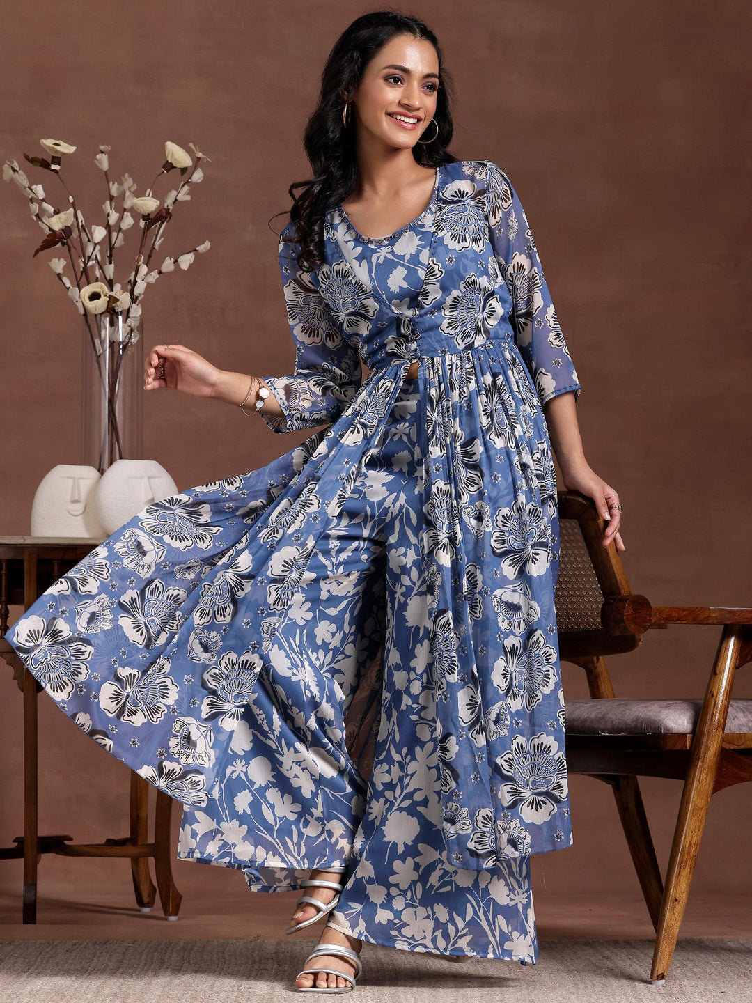 Blue Printed Chiffon Co-Ords - Libas 