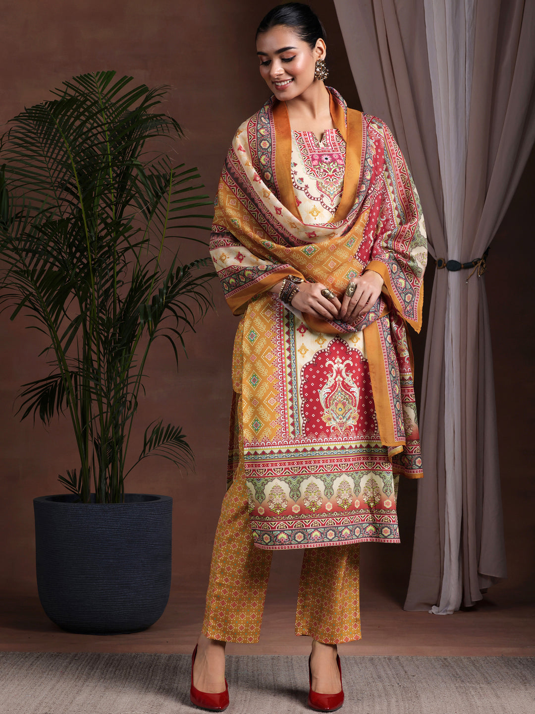 Mustard Printed Poly Crepe Straight Suit With Dupatta