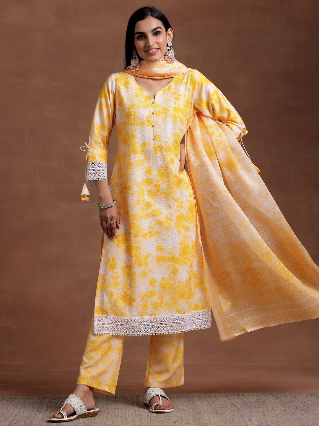 Yellow Embroidered Cotton Blend Straight Suit With Dupatta - Libas 