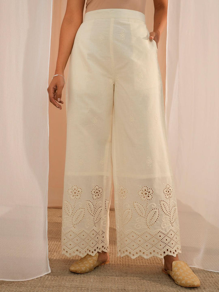 Off White Embroidered Cotton Wide Leg Palazzos - Libas