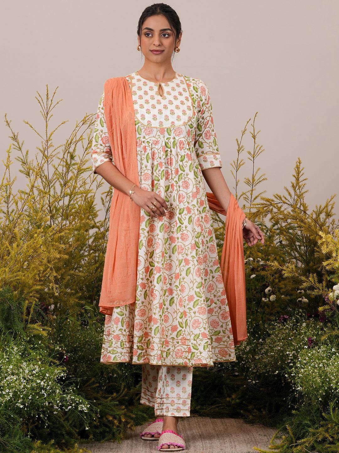 Off White Yoke Design Cotton Anarkali Suit With Dupatta - Libas 