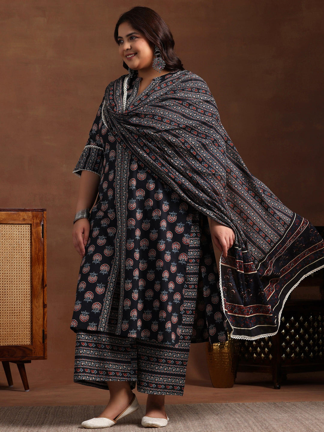 Plus Size Black Printed Cotton Straight Suit With Dupatta - Libas