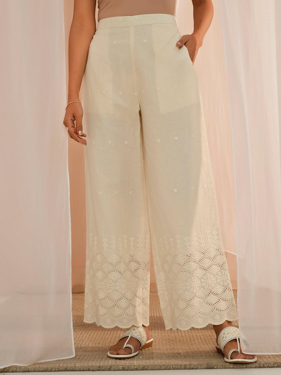 Off White Embroidered Cotton Wide Leg Palazzos - Libas