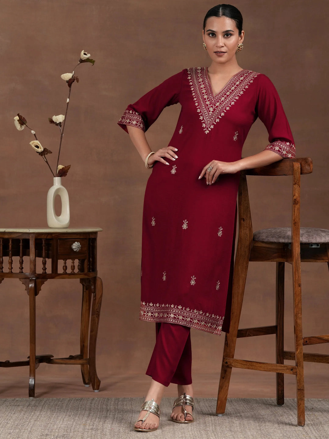  Red Embroidered Rayon Straight Kurta Set 