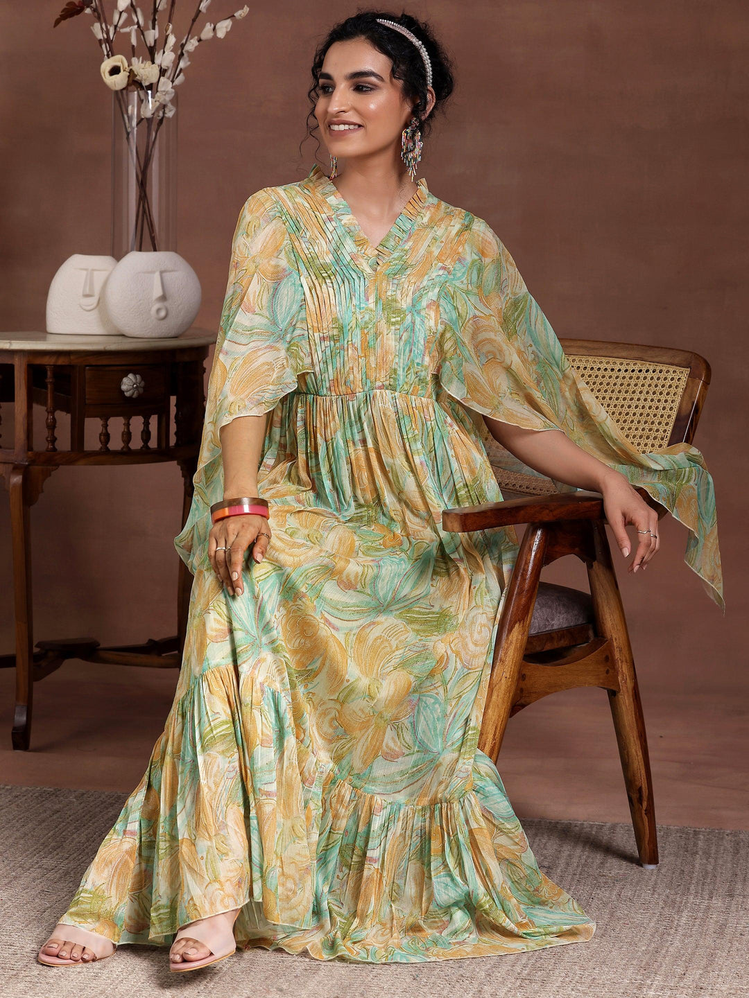 Green Printed Chiffon A-Line Dress - Libas