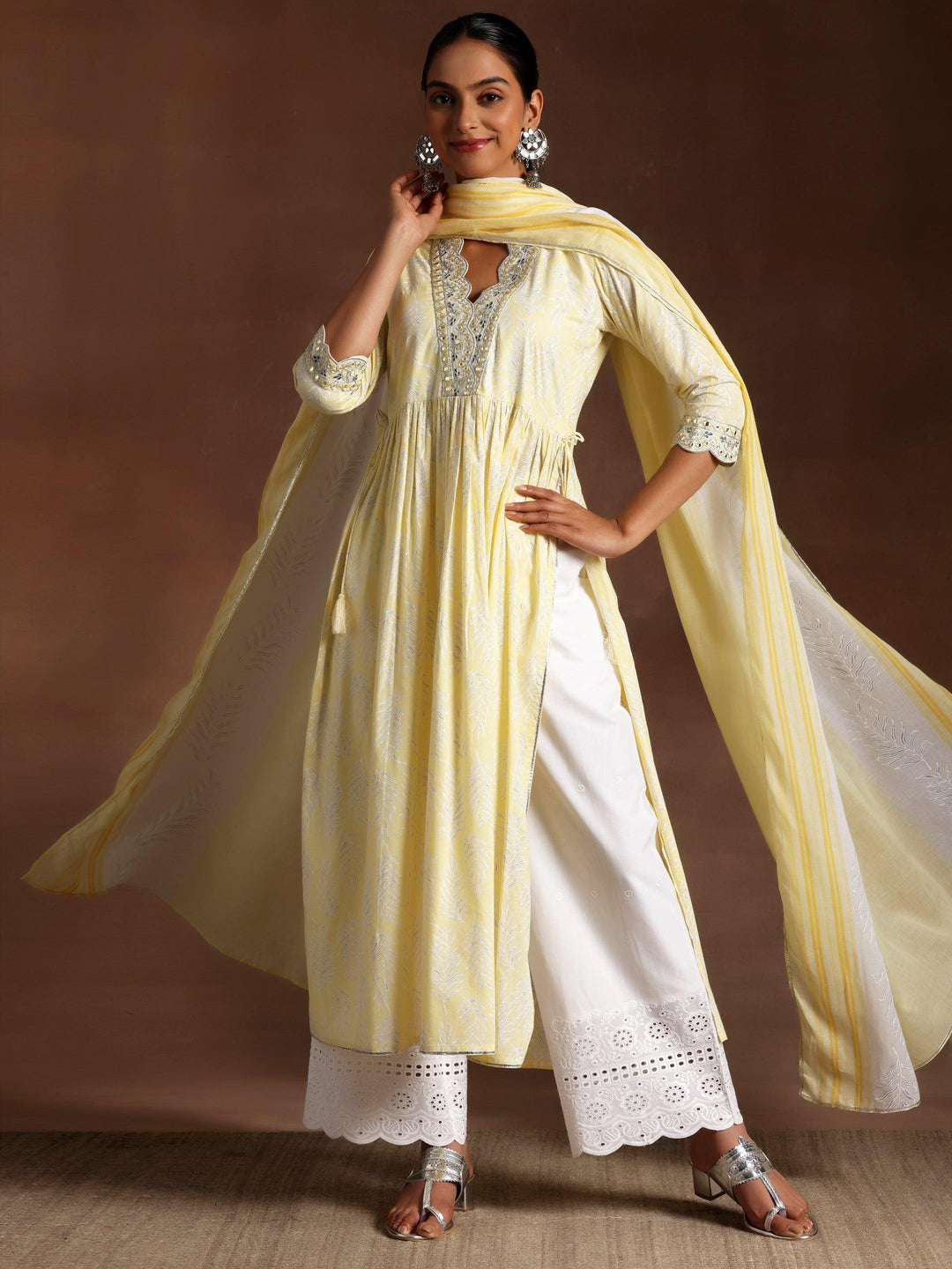 Mahnoor Yellow Printed Cotton A-Line Kurta With Palazzos & Dupatta - Libas 