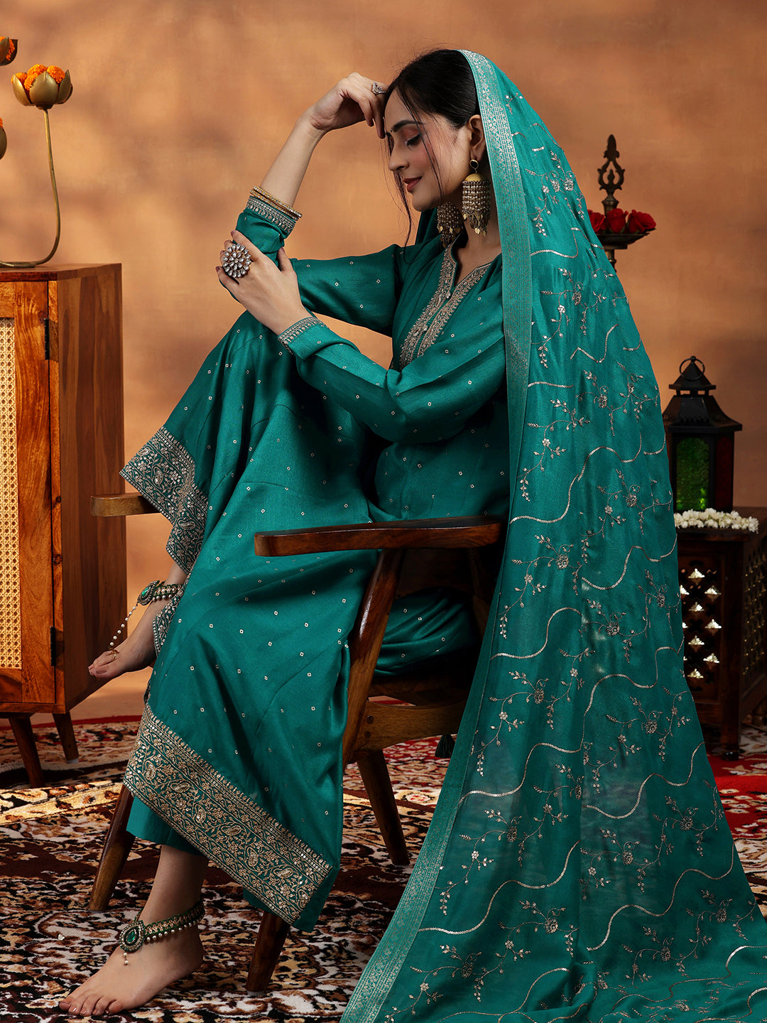 Rama Green Embroidered Silk Blend Anarkali Suit With Dupatta