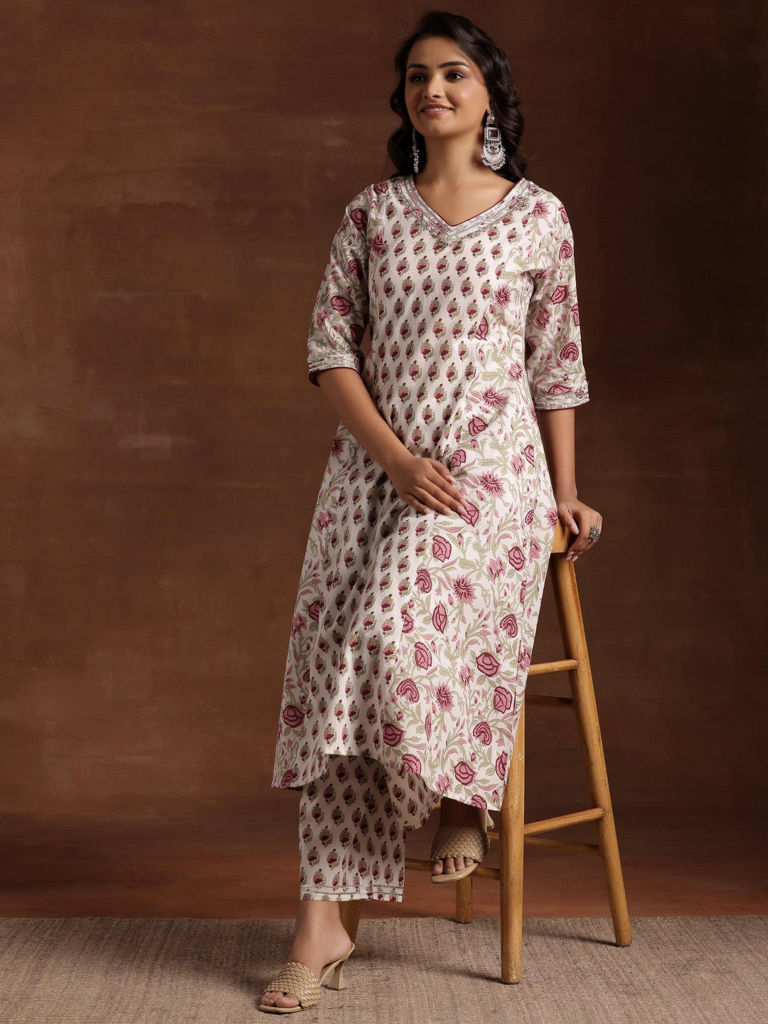 Off white Printed Cotton A-Line Kurta With Palazzos - Libas 